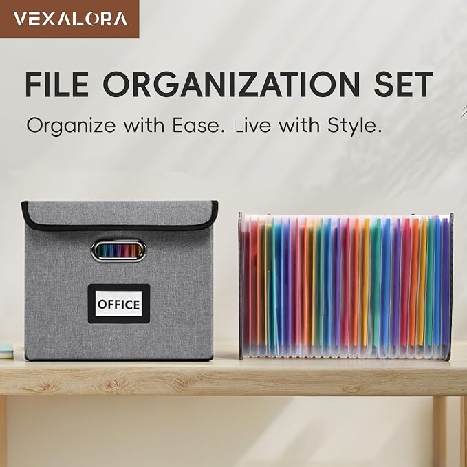 File Organizer Box with Folder, 25 Pockets Accordion File Organizer with Colored Labels, Upgraded & Portable File Folders for Home, Office, School, Light Grey