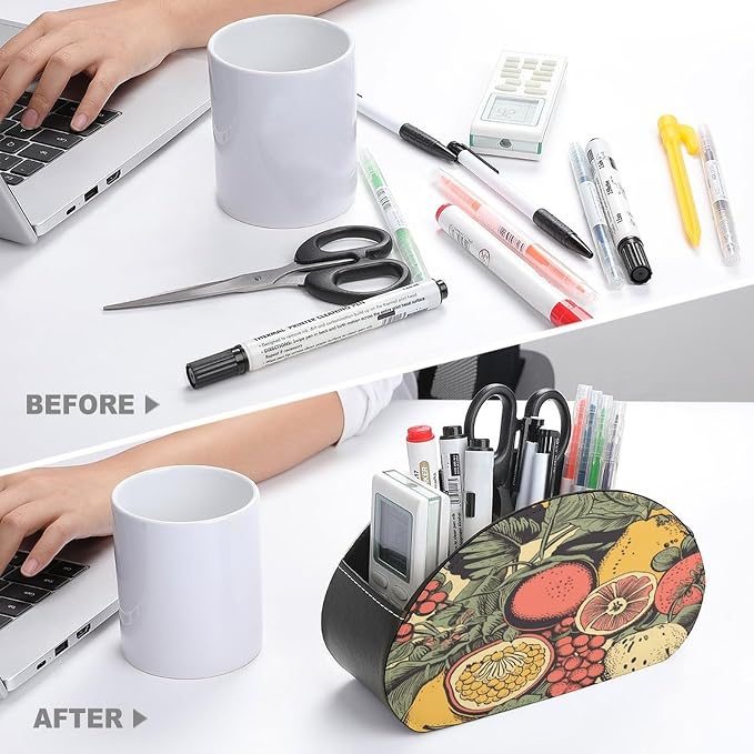Remote Control Holder,Fruits And Leaves Printed PU Leather Remote Caddy Desktop Organizer with 5 Compartments for Media Accessories & Office Supplies Storage