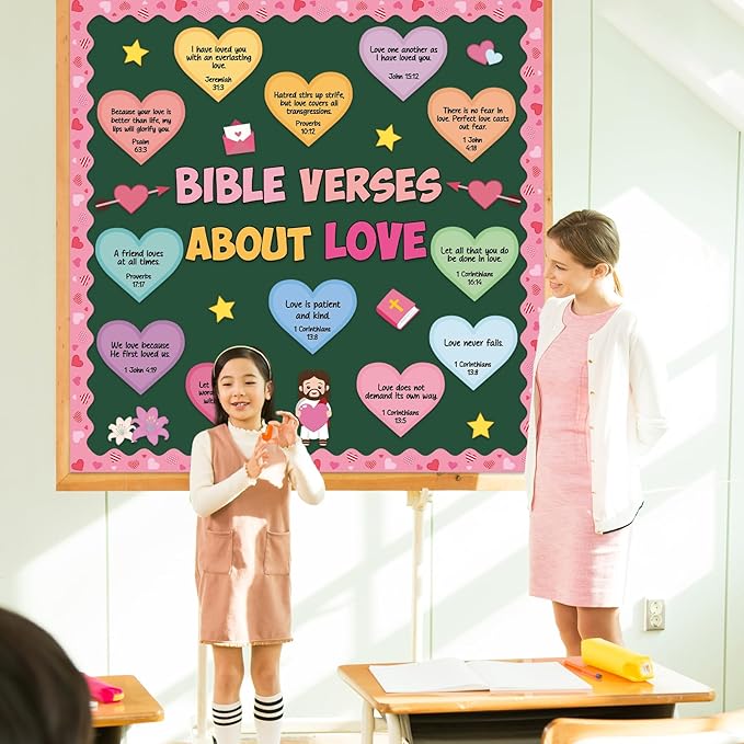 Valentine's Day Bulletin Board Decoration Colorful Heart Bible Verse Cutouts Valentines Jesus Religious Bulletin Board for Christian Valentine Office Chalkboard Sunday School Classroom Wall Decor