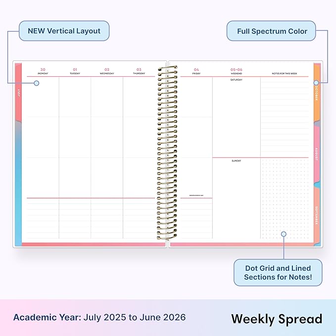 Blue Sky Livewell Weekly and Monthly Academic Year Planner Calendar, July - June, Flexible Cover, Wirebound, Colorful Interior, Laminated Tabs, Storage Pocket, Includes Stickers, Rainbow (Rainbow- 2025/2026, 7" x 9")