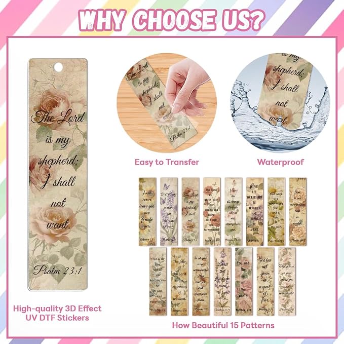 Peacoblue 30pcs UV DTF Bookmarks Transfer Stickers Wraps Vintage Flowers and Bible for Women Men Reading, Waterproof Bookmarkers Decal(No Blank Bookmarks) for Acrylic Plastic Metal Blank Bookmark