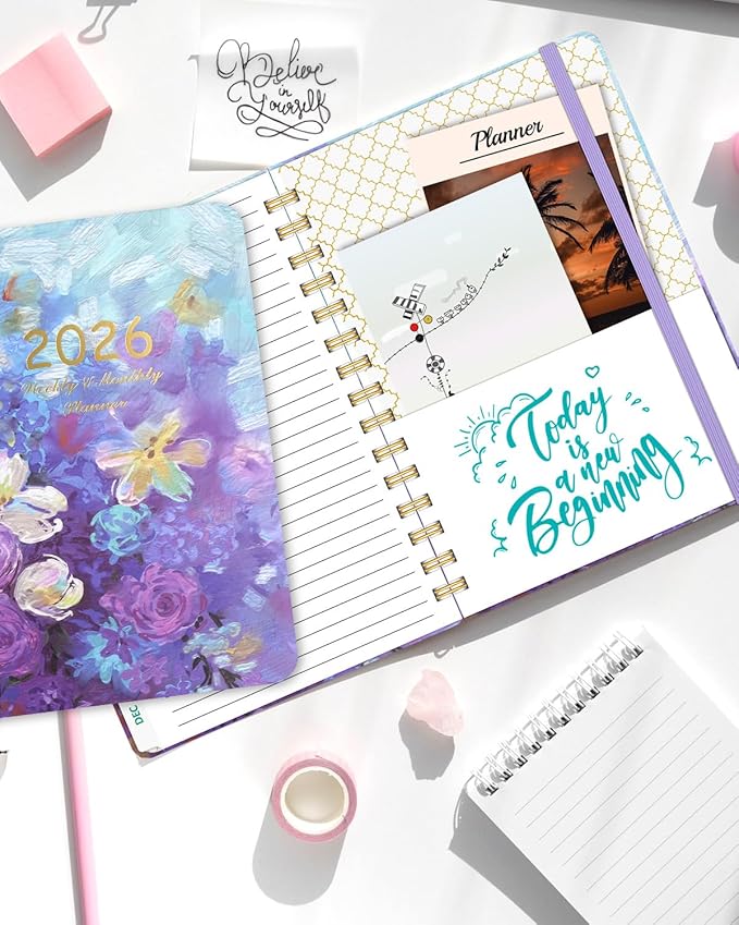 2026 Weekly and Monthly Planner - 2026 Hardcover Calendar Planner, Jan. 2026 - Dec. 2026, Daily Agenda Book with Tabs, Twin-Wire Binding, Back Pocket, School Teacher Student Supplies, A5(6.3" x 8.5") (Flower)