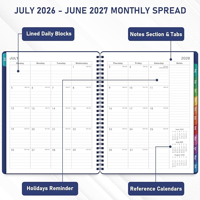 Planner 2026-2027 - Academic Planner from July 2026 - June 2027, 8" x 10", Calendar Planner 2026-2027, Weekly and Monthly Planner Spiral Bound, Flexible Cover, To-Do List, 12 Monthly Tabs