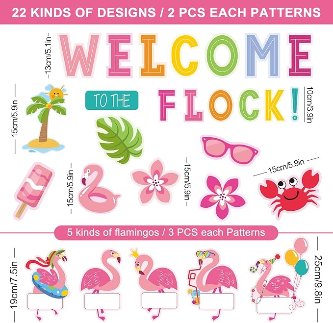 Whaline 59Pcs Flamingo Bulletin Board Decor Tropical Pink Flamingo Classroom Decor Summer Beach Back to School Decoration Welcome to The Flock Cutouts for Hawaiian Luau Party School Classroom