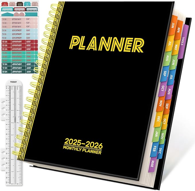 19 Months Planner, 2026 Weekly & Monthly Planner, 8.5"×11" Daily Weekly Monthly Calendar Planner, June 2025-Dec 2026 Organizers with Habit Tracker for School & Office, Colored Tabs, Stickers, Pocket, Ruler Bookmark-Black