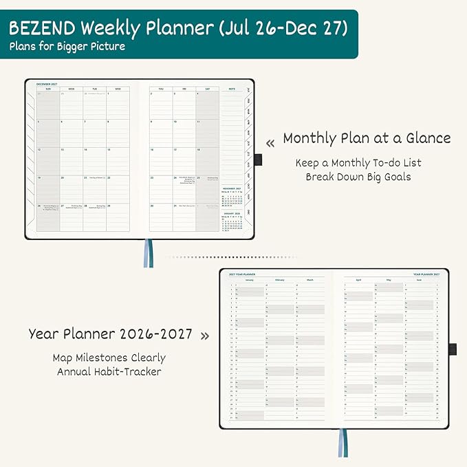 BEZEND Weekly Planner 2026-2027 (6" x 8.5") Horizontal Layout Notebook (Jul 26-Dec 27) 18 Months Academic Calendar & Monthly Tabs, Ideal for Students, Work & Home, PU Leather Hardcover -Black