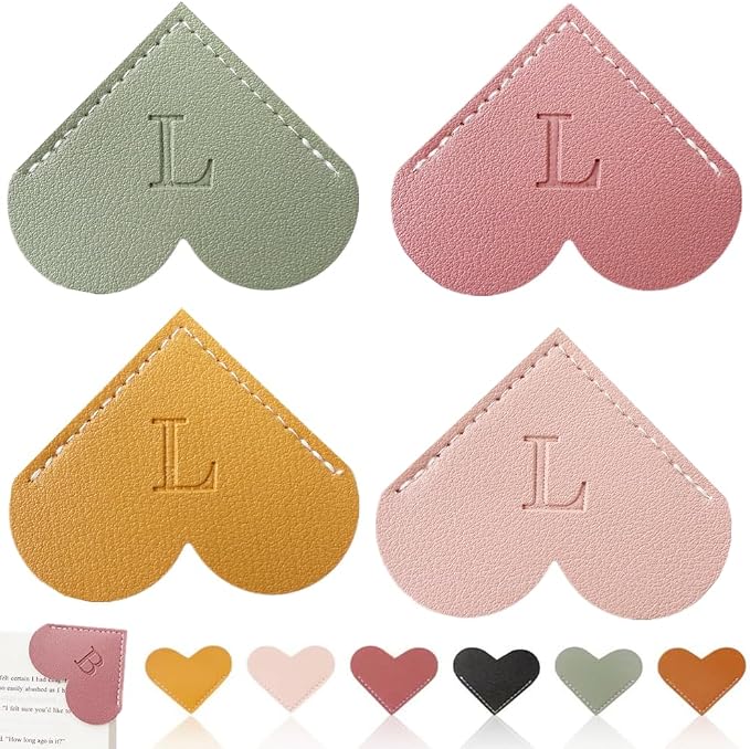 Personalized Leather Heart Bookmark, 26 Letters Customized Corner Book Mark for Reading Women, Book Marker with Initials，Cute Gifts (Light Pink+Deep Pink+Green+Light Brown, L)