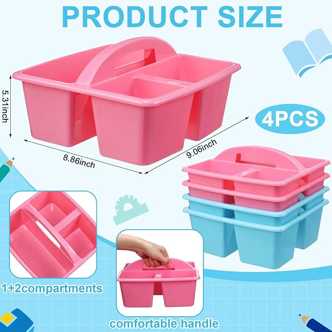 AceOrbit 4 Pack Pastel Classroom Caddy with Handle 9x9x5 Inch Pink Blue Plastic Classroom Desk Caddy Organizer with 3 Compartments for Pencil Crayon Marker Storage, Home Teacher Office School Supply