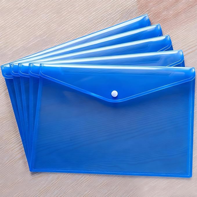 Clear Document Folders Transparent Filing Envelopes Waterproof Plastic Envelopes File Holder Filing Document Poly Envelope with Snap Button Closure for A4 Letter Paper Size (Blue, A4)
