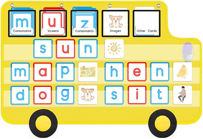 Pocket Chart for Classroom, 33 ⅞ " x 22" Large School Bus Shaped Pocket Charts for Kids, Back to School Supplies, Classroom Decor Hanging Pocket Charts with 8 Sentence Strips Holder (Yellow)