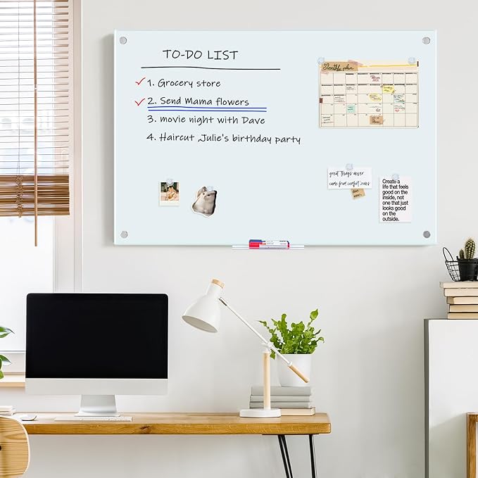 maxtek Magnetic Glass Dry Erase White Board, 48" x 36" Frameless Glass Board for Wall Mounted, Includes 5 Magnets, 3 Markers and 1 Eraser for Classroom Home, Office Supplies (White)