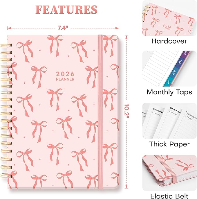 2026 Planner Weekly and Monthly, Jan.2026 - Dec.2026, Hardcover Calendar 2026 Agenda Daily Planner Book Spiral Notebook with Monthly Tabs, 7.4" x 10.2", Pink Bow
