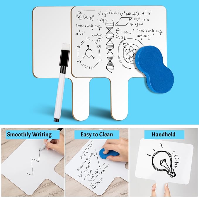 Dry Erase Paddles with Handle, 12Packs Double-Sided Answer Whiteboards, Markers and Erasers for Classroom Teaching Tools