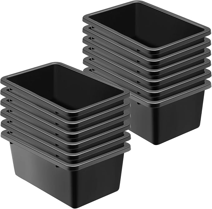 Tuanse 12 Pack Small Cubby Bins Plastic Storage Container Toy Book Closet Organizers for Toys, Crafts, Art Supplies, Books, Clothes, Office Classroom Supplies,11.4 x 7.5 x 4.9 Inches (Black)