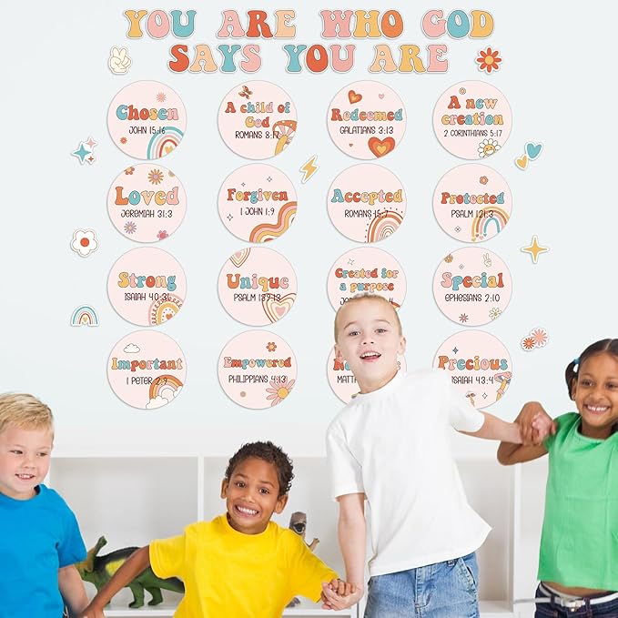 Qyeahkj Christian Bulletin Board Decorations Inspirational Bulletin Board Sets Groovy Hippie God Says You are Cutouts Motivational Religious Classroom Wall Decor for School Home Church Supplies