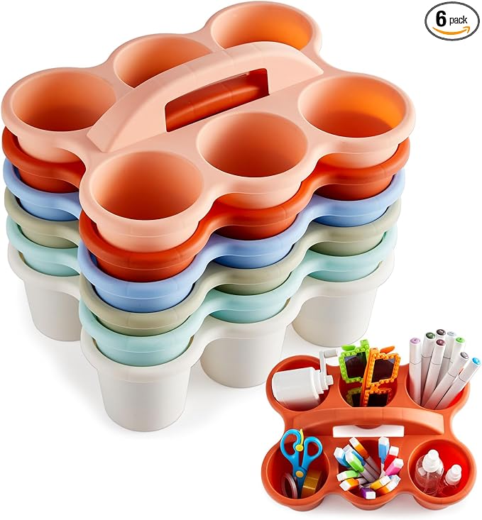party greeting 6 Pack Classroom Caddy with Handle Plastic Storage Table Caddy Organizer with 6 Compartments Morandi Cup Caddy Organizer for Table Crayon Pencil Office School Supply