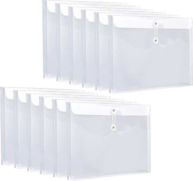 FANWU 12 Pack Plastic Letter Size Envelopes with Button & String Tie Closure, 1-1/6" Expansion, Side Load, Clear Poly Reusable File Folders Project Paper Documents Organizer for Office School & Home