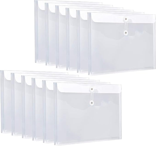 FANWU 12 Pack Plastic Letter Size Envelopes with Button & String Tie Closure, 1-1/6" Expansion, Side Load, Clear Poly Reusable File Folders Project Paper Documents Organizer for Office School & Home