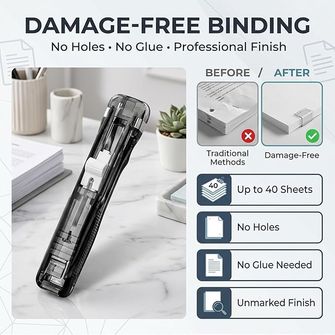 2026 New Portable Binder Clip Stapler, Includes 100 Reusable Clips, Handheld Paper No-Punch Folder, Mini Push Stapler Clamp Staplers for Home, School, and Office Document Binding (Blue)