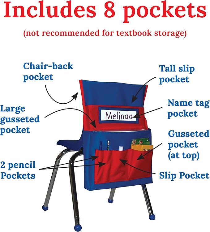 Carson Dellosa 12-Piece Chairback Buddy Pocket Chart Chair Set, 15" W x 19" H Desk Buddy Pocket Organizer With Name Tag, Back of Chair Organizer for Classroom Supplies, Chair Pockets for Classroom