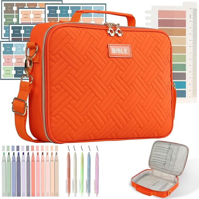 Bible Cover for Women Bible Case, Large Bible Bag, Bible Study Supplies Bible Journaling Kit Book Carrying Case with Bible Highlighters Tabs, Valentines Day Christian Gifts for Women (Orange)