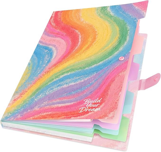 Cute Expanding File Folder - 5 Pockets Accordion Document Organizer, Waterproof Poly Plastic, A4/Letter Size for School Office Home - Rainbow
