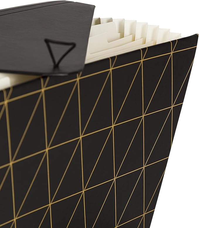 U Brands 13-Pocket Expanding File Folder, Office Supplies, Black and Gold Geometric, Brass Hardware, FSC Certified