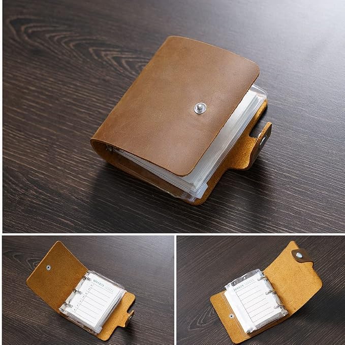A9 Genuine Leather Journal, Brown Handmade Leather Pocket Size Binder Planner, Mini Vintage Leather Planner, 120 Sheets Pages, Loose Leaf 3-Ring with Snap Button Closure (Brown)