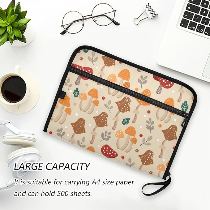 Mushroom Pattern Design Expanding File Folder with Sticky Labels, 13 Pockets Accordion File Folder Document Organizer Expandable Zip File Folder with Zipper Closure