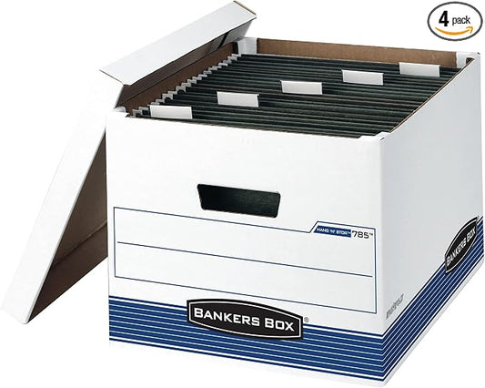 Bankers Box 4 Pack HANG'N'STOR Medium-Duty File Storage Boxes, FastFold, Lift-Off Lid, Letter/Legal, White/Blue