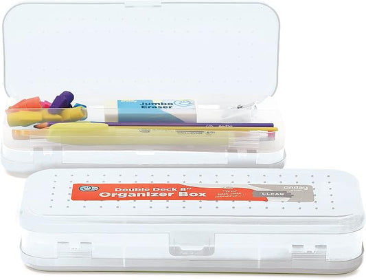 Enday Pencil Box Clear, Plastic Double Deck Pencil Case with 7 Compartments, Box Organizer with Snap Closure for Home and Office