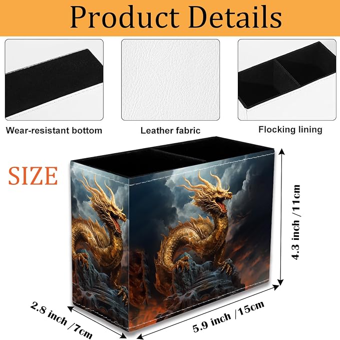 Pen Holder for Desk, PU Leather Multifunctional Desktop Storage Box and Anti-Slip Mouse Pad Set, Makeup Brush Holder Pen Organizer for Office and Home - Golden Dragon