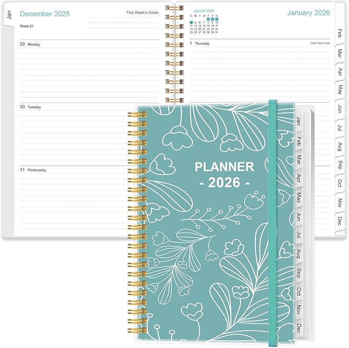 2026 Planner - Planner 2026 from January 2026 to December 2026, Planner 2026 with 12 Monthly Tabs, Inner Pocket, 6.4" x 8.5", Teal Leaf