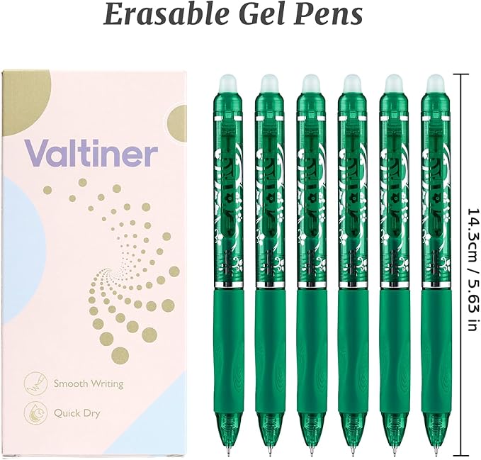6 Pcs Retractable Erasable Pens, Colored Gel Green Ink Pens Clicker with Erasers, 0.5mm Fine Point Smooth Writing Pen for Journaling Note-Taking Crossword Puzzles Supplies (Green)
