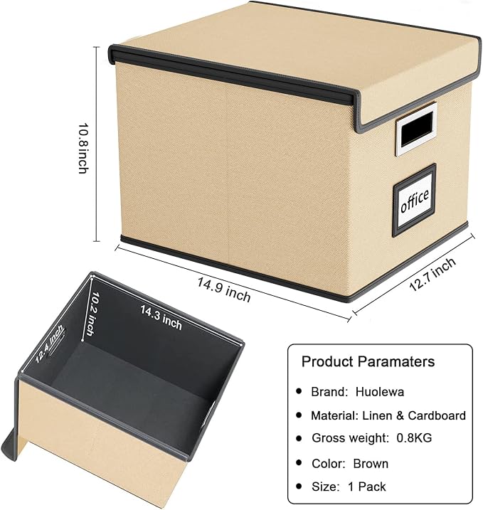 File Organizer Box with Lid, Collapsible File Folder Organizer for Office Document Storage, Filing Box with Plastic Slide for Letter Size Hanging File Folders(1 Pack, Brown)