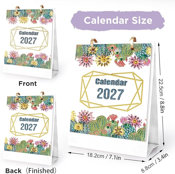 2027 Standing Desk Calendar DIY Diamond Art Painting Monthly Flip Dates Flowers Double-Sided Pattern Tabletop Calendars Diamond Art Craft Supplies Planner Office Home-2027 Flowers