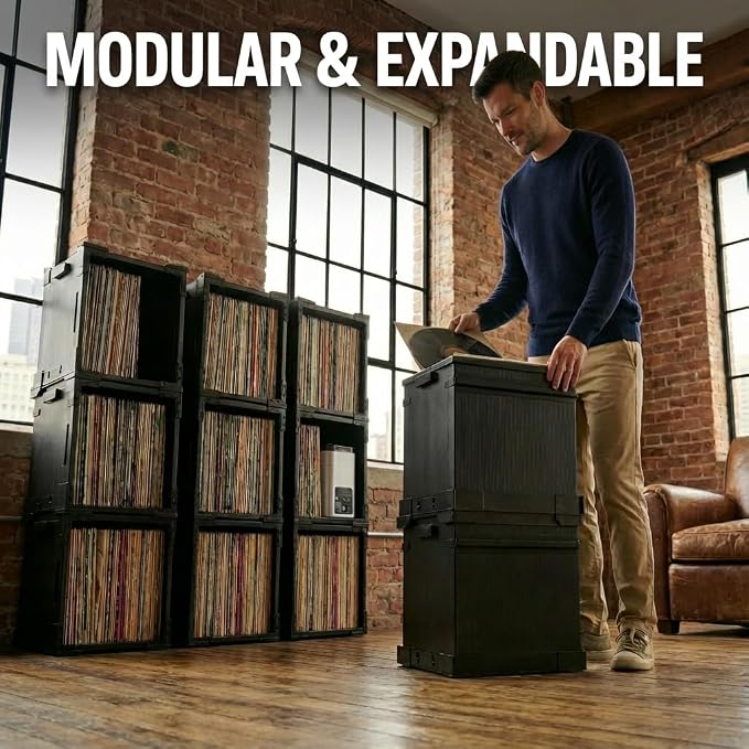 HumminGuru FlexiCube Vinyl Record Storage Box – Stackable Organizer for 12” Records, Holds 70 LPs | Modular Vinyl Shelf & Collapsible Storage Crate. Durable & Portable Space-Saving Design (1 Cube)