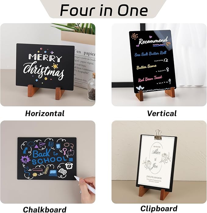 Double-Side Chalkboard Painting Sign 8.5x11 Inch with Wood Holder for Tabletop Display, Bar/Coffee/Restaurant Menu Message Board, Party Event Decorations with 12 Color Pens and 1 Clip