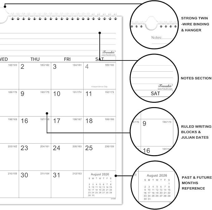 Calendar 2026-2027 - 18 Months Wall Calendar 2026-2027, July 2026 - December 2027, 14.8'' x 11.5'', Large Blocks with Julian Dates, Premium Paper
