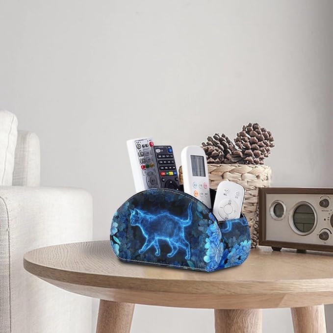 Forchrinse Blue Cat Print Remote Control Holder,Leather Makeup Organizer with 5 Compartments,Table Decor Storage Remote Caddy for Home Office
