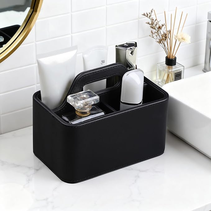 Caddy Organizer with Handle, PU Leather Remote Control Holder Desk Caddy, Portable Makeup Remote Organizer for Table, Nightstand, Office (Black)