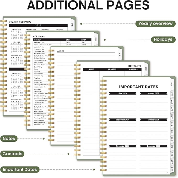 2026 Planner, Weekly and Monthly Calender Planner, Jan 2026 to Dec 2026, Hardcover 2026 Calendar Book with Tabs & Inner Pocket, Office Home School Supplies for Women & Men - A4 (8.5" x 11"), Green
