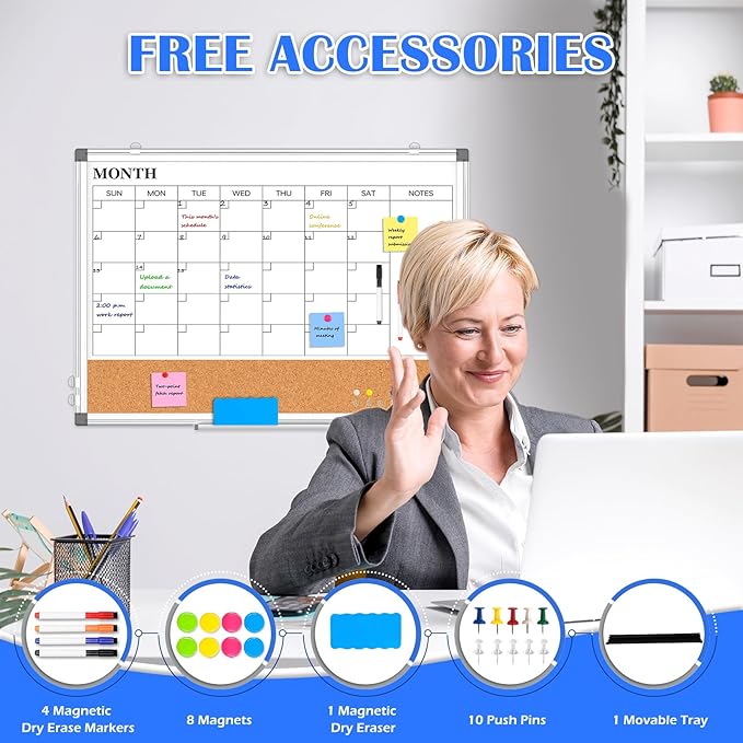 Monthly Calendar Whiteboard Dry Erase Cork Board Combo for Wall, 24" x 18" Double-Sided Calendar White Board and Bulletin Board, Portable Board for Office, Kitchen, School, Home