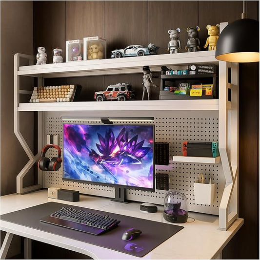 Desktop Hutch Bookshelf,Many Gifts,Metal Desktop Bookcase with pegboard, Desk Shelf White, Countertop Storage Organizer Rack for Dorm or Office,Desktop Shelves(White, 53.1" Lx9.9 Wx39 H)
