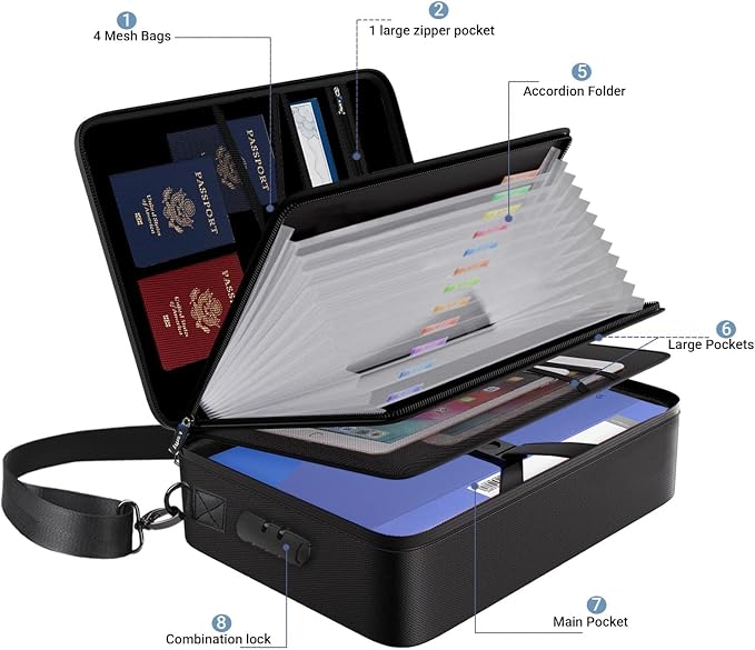 Fireproof Document Box with Lock, 5200°F Heat Insulated & Water-Resistant File Organizer, Portable Soft-Shell Storage Box for Important Documents, Passports, 14" Laptop (14.7"x11.2"x5.3")