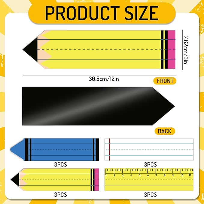 FYSUIMU 12Pcs Back to School Magnetic Dry Erase Sentence Strips Pencil Crayon Ruler Notebook Style Reusable Magnetic Border Strip for Teacher Whiteboard Classroom Office Supplies