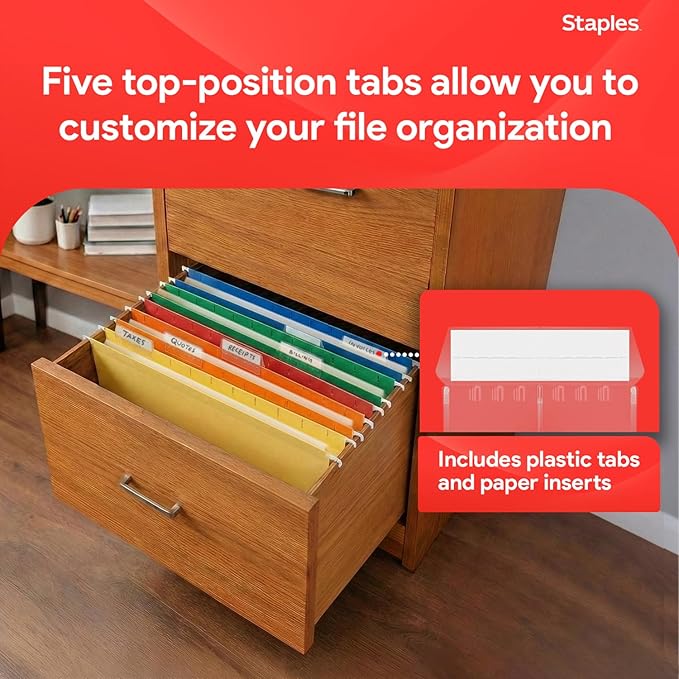 Staples Heavy‑Duty Reinforced Hanging File Folders, Legal Size, 1/5‑Cut Tabs, Assorted Colors, Durable Box‑Bottom Construction – 25/Box