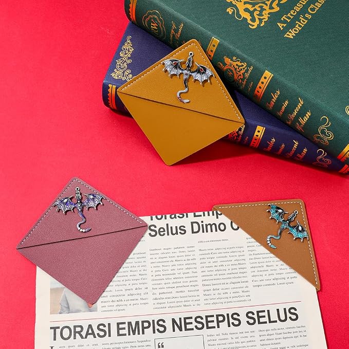 Fantasy Fourth Wing Leather Bookmarks, Flying Dragon Metal Pendant CornerBookmark, Book Mark for Reading Women Men Couple Book Accessories,Reading Supplies for Book Lover (Dragon Leather)