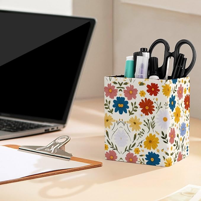 Flowers Print Square Leather Pen Holder, Minimalist Desk Organizer for Office Home School, Pencil & Stationery Storage Box, Gift for Students Teachers Colleagues