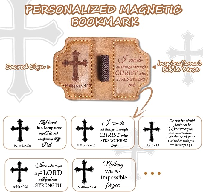 Bygone Mark Personalized Magnetic Leather Bookmark with Pen Holder,Inspirational Bible Verse Religious Bookmarks,Christian Book Lovers Reading Accessory for Men Women (Brown, Philippians 4:13)